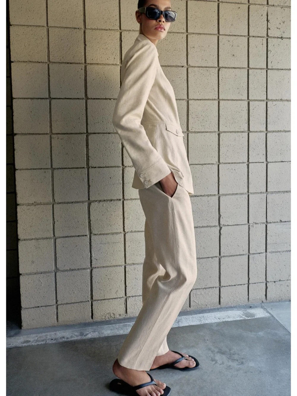 Zara SLIM FIT Cream Straight-Leg Linen Blend Trousers